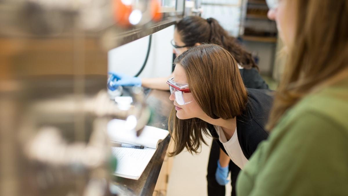 Students looking at chemistry experiement