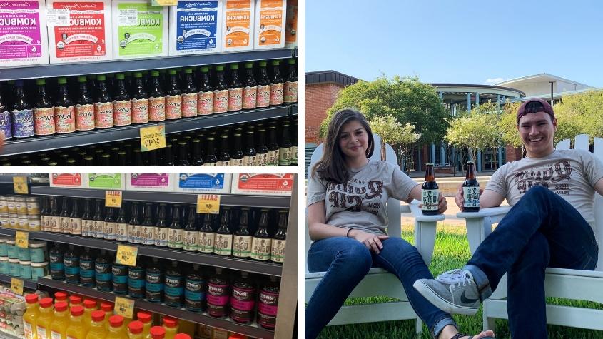 Collage of students and coffee on grocery shelves